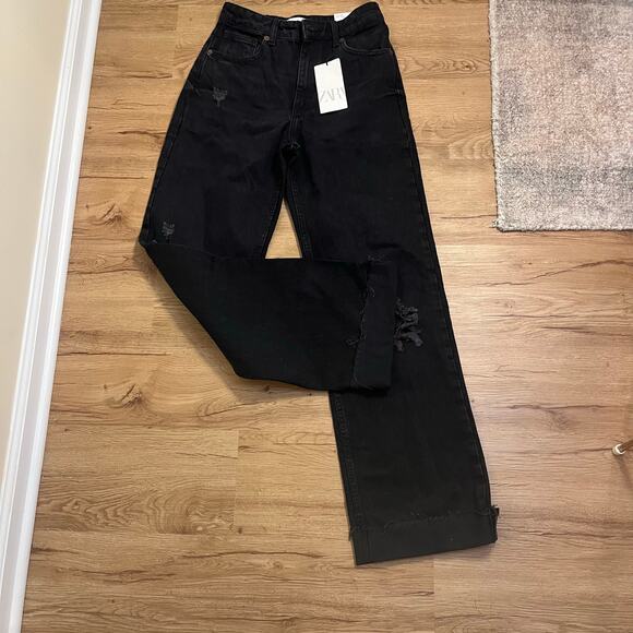Zara Black Wide Leg Distressed Jeans Size 6 New High Waist - Picture 4 of 10